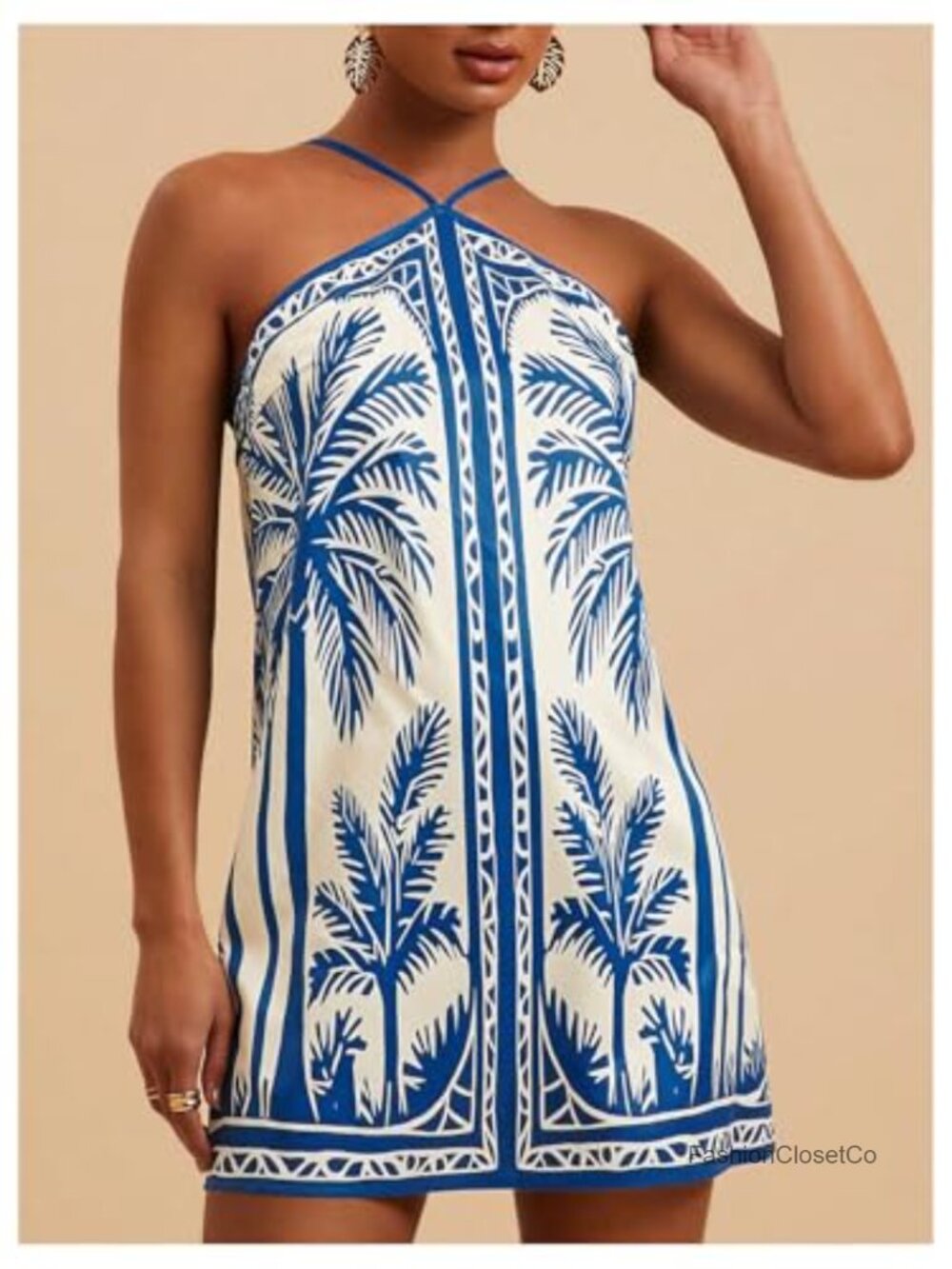 Halter Backless Mini Dress Tropical Vacation Boho Swing Dress - Picture 4 of 4